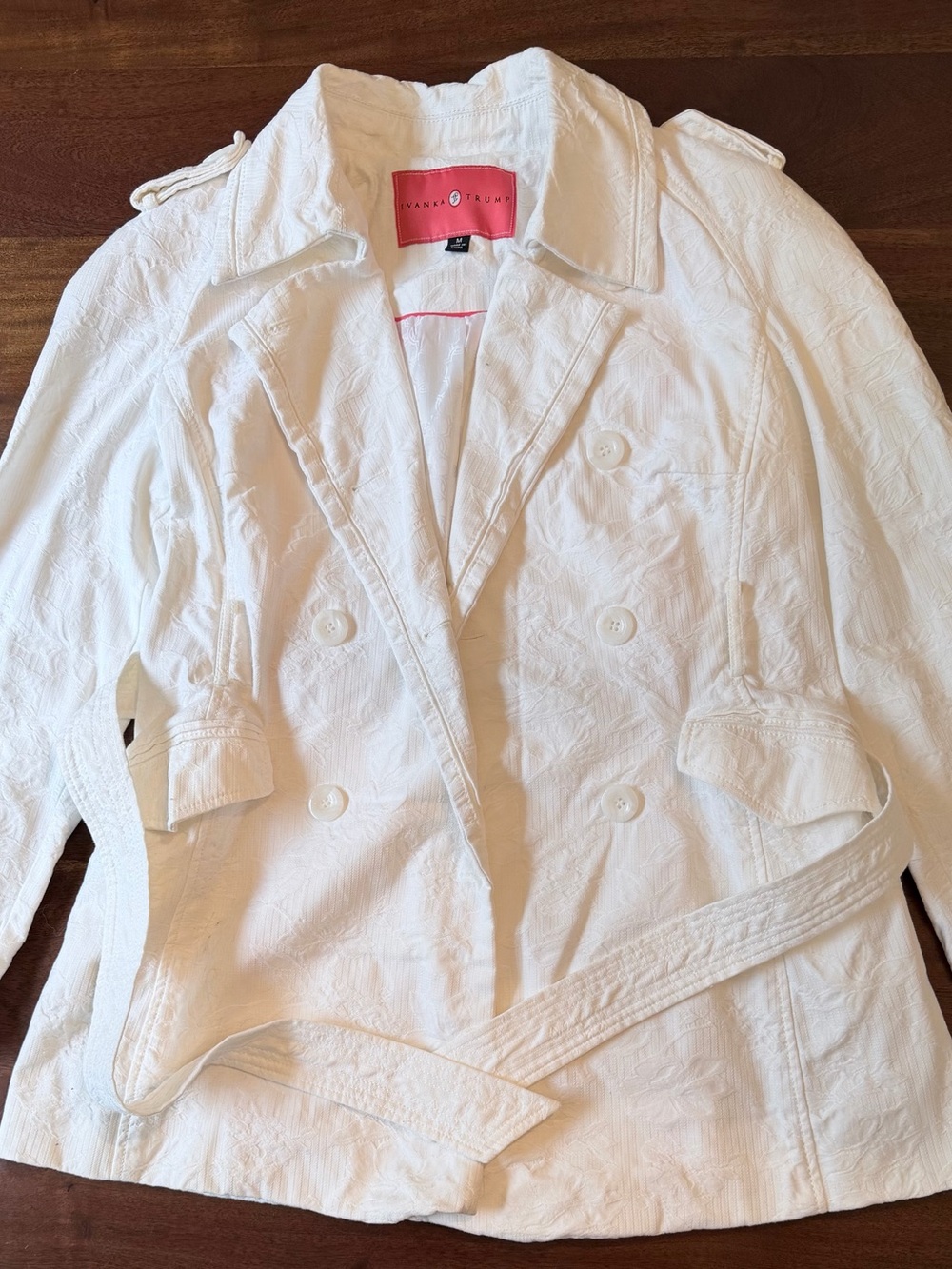 Ivanka Trump White Textured Double-Breasted Trench Jacket